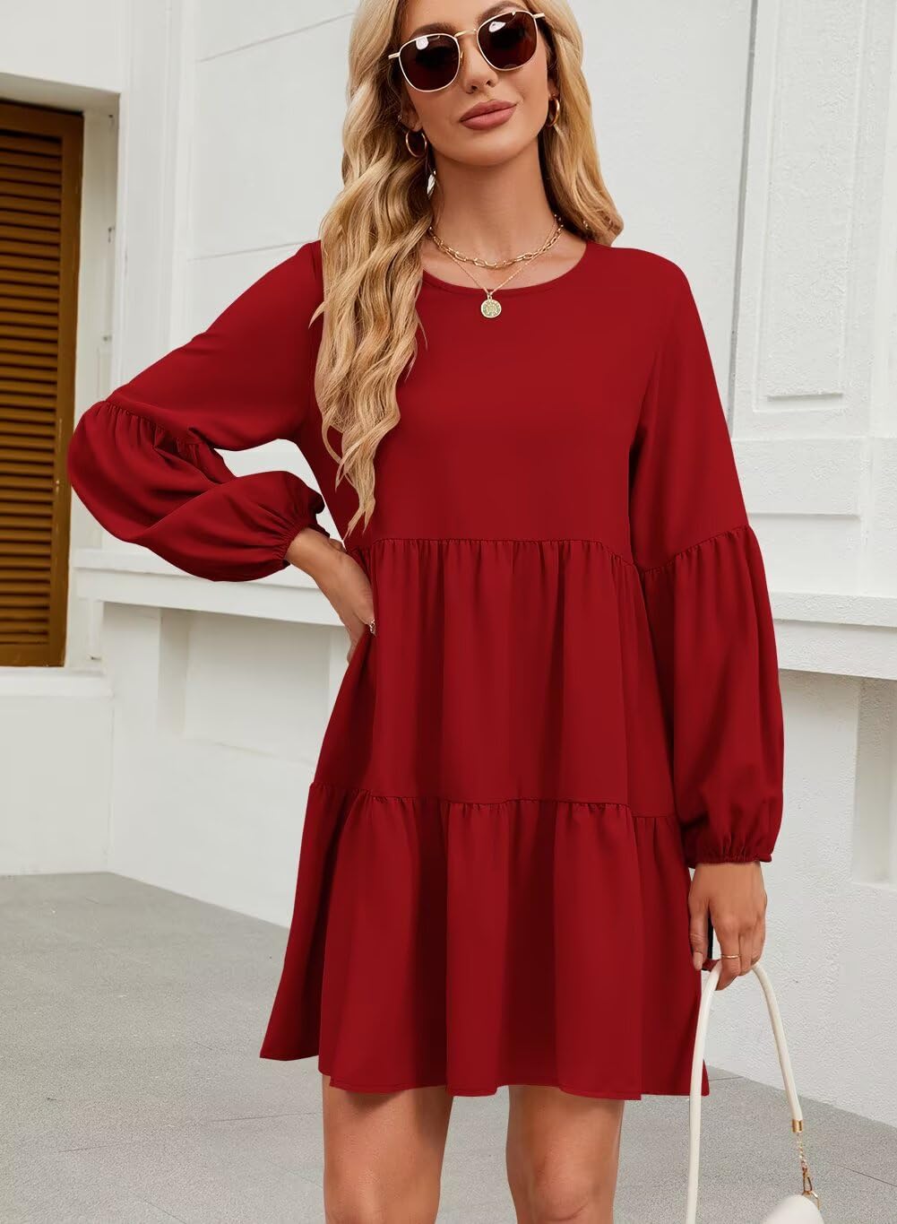 QACOHU Falll Dresses for Women 2026 Crew Neck Long Lantern Sleeve Casual Loose Flowy Swing Shift Dress