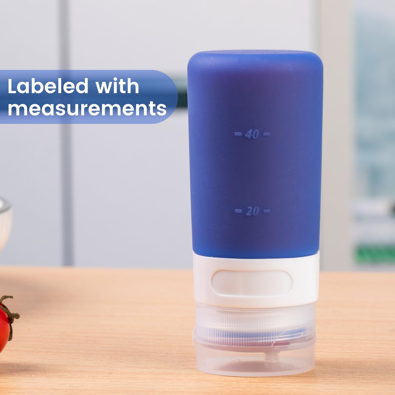 MICEBAY Condiment Squeeze Bottles for Sauces, 1-oz Mini Silicone Salad Dressing Container to Go with Snack Storage Bag, Leakproof Sauce Bottles for Lunch Box, 4 Pack, Blue