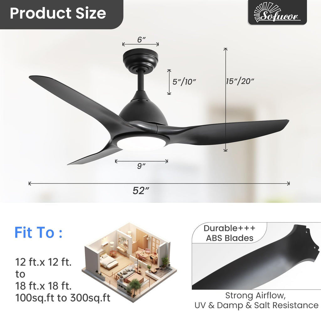 Sofucor 52 Inch Outdoor Ceiling Fans with Lights, Modern Ceiling Fan with 3 Plastic Blade, Quiet, Dimmable, High 7000CFM 6-Speed 3-Timer Reversible DC Motor, for Bedroom Living Room, ETL, Black