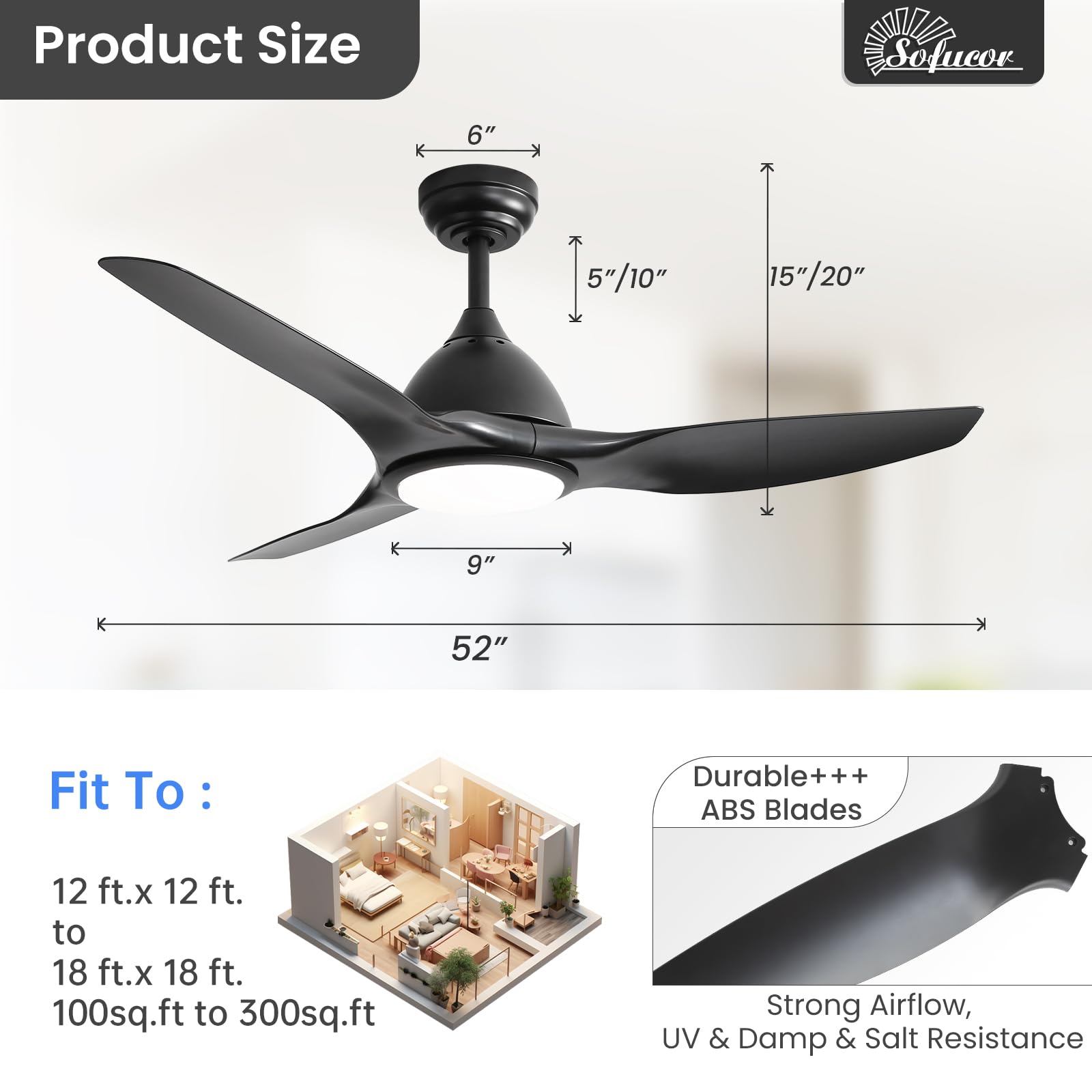 Sofucor 52 Inch Outdoor Ceiling Fans with Lights, Modern Ceiling Fan with 3 Plastic Blade, Quiet, Dimmable, High 7000CFM 6-Speed 3-Timer Reversible DC Motor, for Bedroom Living Room, ETL, Black