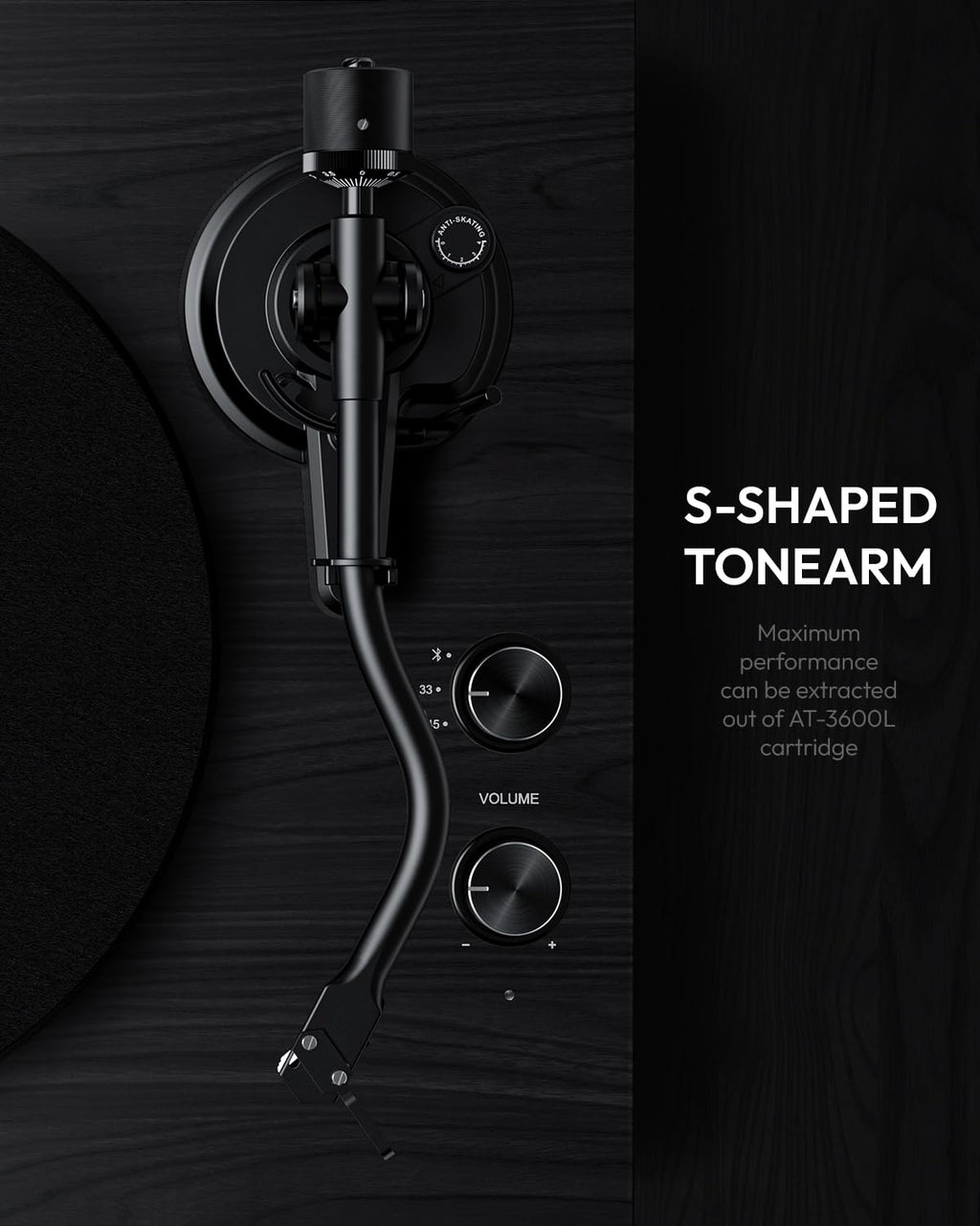 QLEARSOUL SoulBox S1 Vinyl Record Player with Stereo Speakers, Turntable with Built-in Preamp, S-Shaped Tonearm, 33/45 RPM - Black