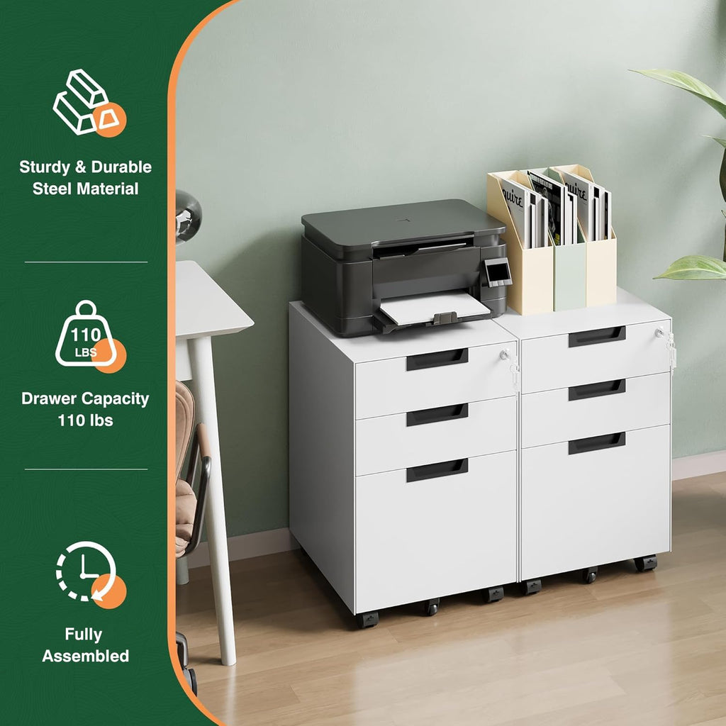 Letaya 3 Drawer Mobile File Cabinet with Lock,Under Desk Metal Small Filing Cabinets for Home Office Organizer Letters/Legal/A4(Fully Assembled Except Wheels-Black)