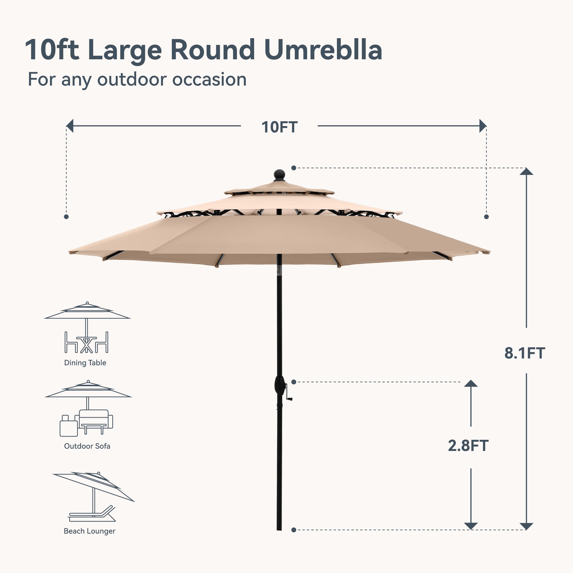 PHI VILLA 10ft Patio Umbrellas, Outdoor 3 Tier Vented Large Market Table Umbrella with 8 Sturdy Ribs and 1.5" Umbrellla Pole for Lawn Poolside Garden Terrace, Beige(No Base)