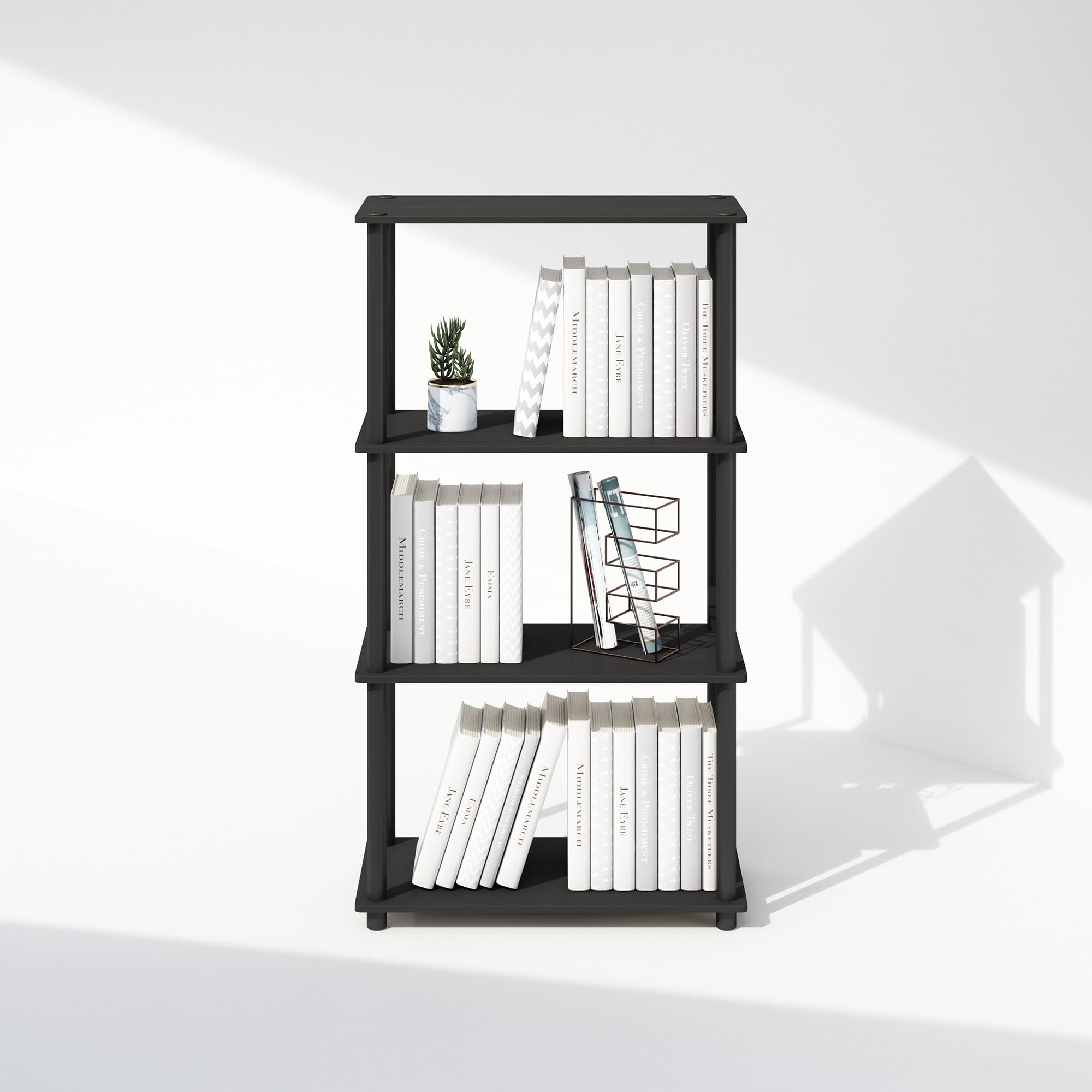 Furinno Turn-N-Tube Book Shelf, 4-Tier Bookshelf, Bookcase with Multipurpose Compact Display Rack, 11.6 x 23.6 x 43.2, for Living Room, Bedroom, Home Office, Americano/Black