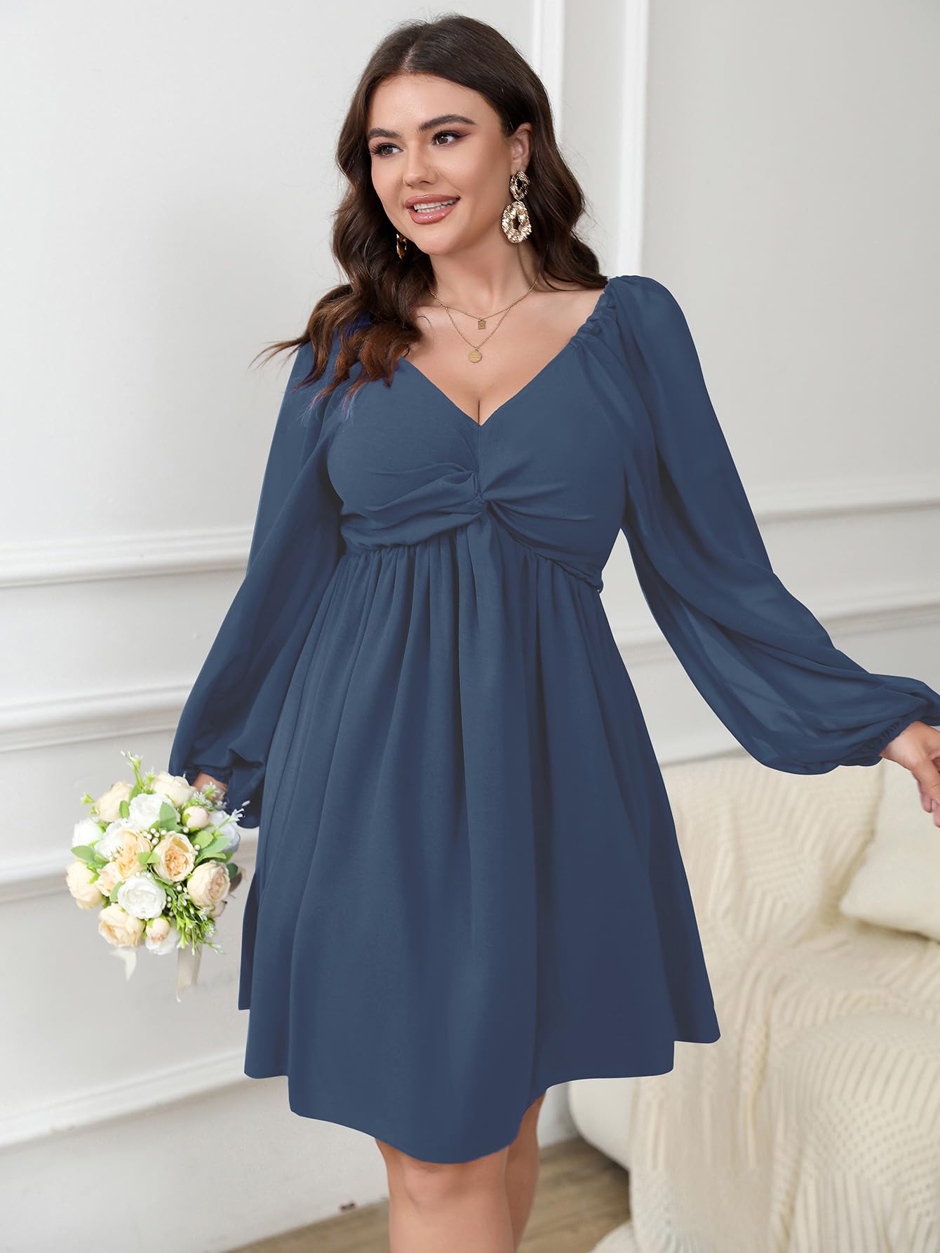 SCOMCHIC Women's Plus Size Puff Long Sleeve Dresses Sweetheart Neckline A Line Short Wedding Guest Cocktail Dress