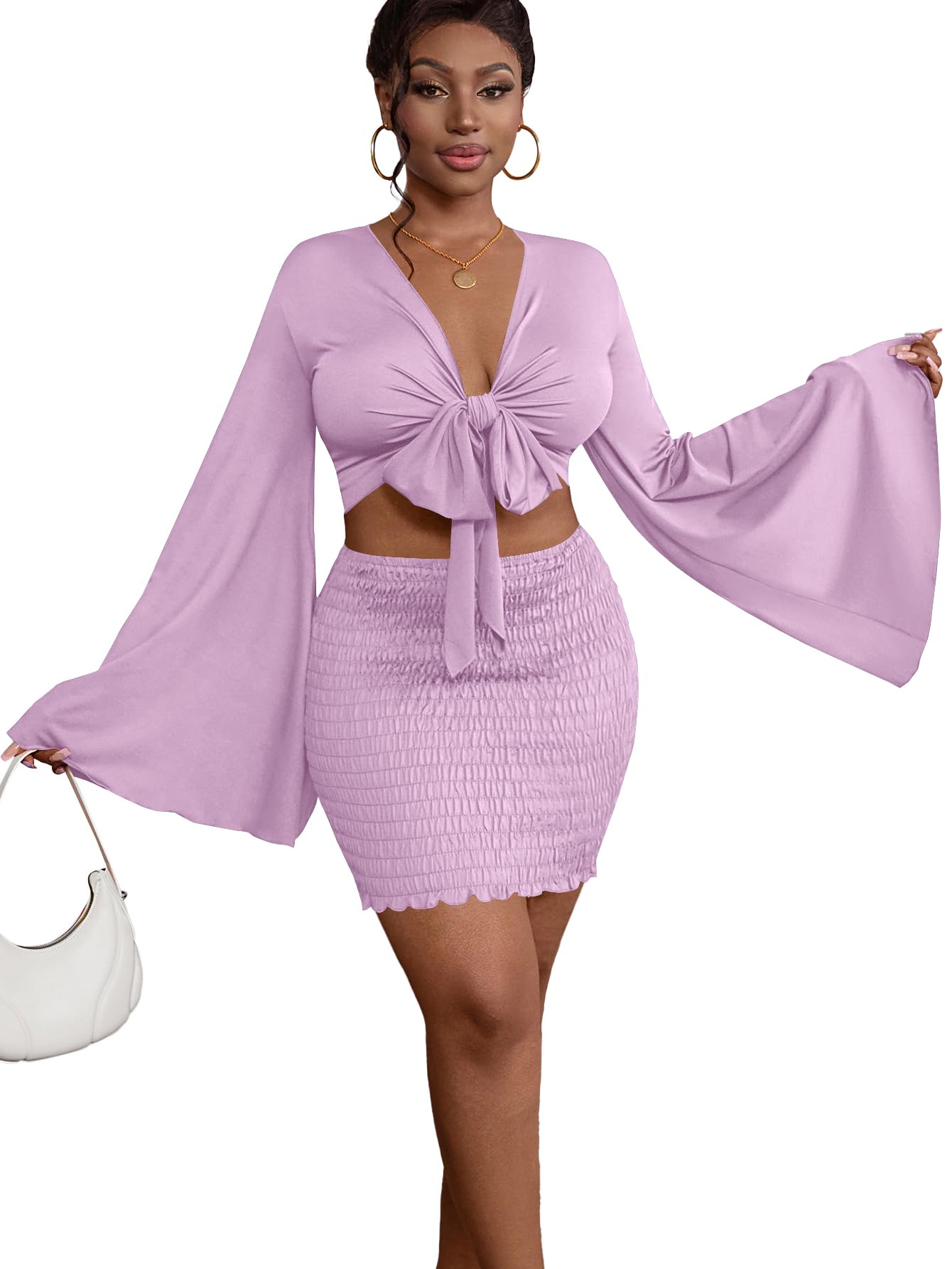 LYANER Women 2 Piece Vacation Outfits Tie Knot Front Bell Long Sleeve Crop Top and Mini Skirt Summer Set