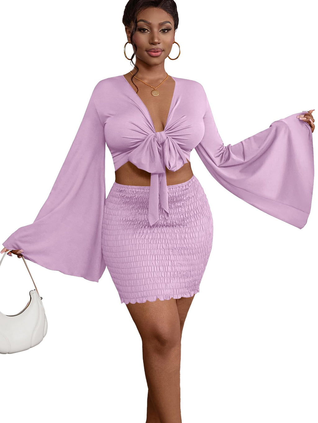 LYANER Women 2 Piece Vacation Outfits Tie Knot Front Bell Long Sleeve Crop Top and Mini Skirt Summer Set