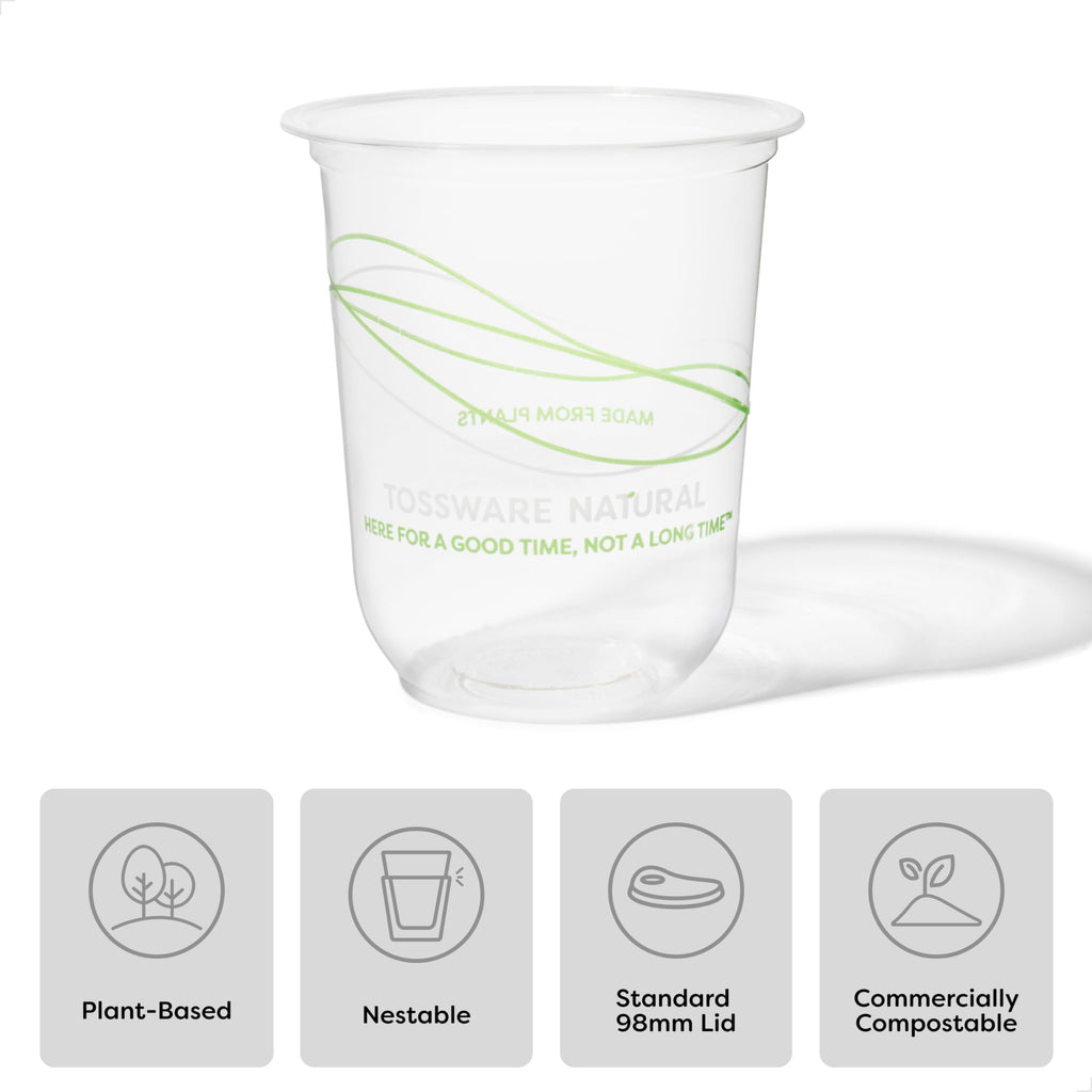 TOSSWARE NATURAL 12oz Arc - Plant Based 98mm Clear Cold Cups - Plastic Alternative for Parties, Bachelorettes, Weddings - Recyclable - Set of 100