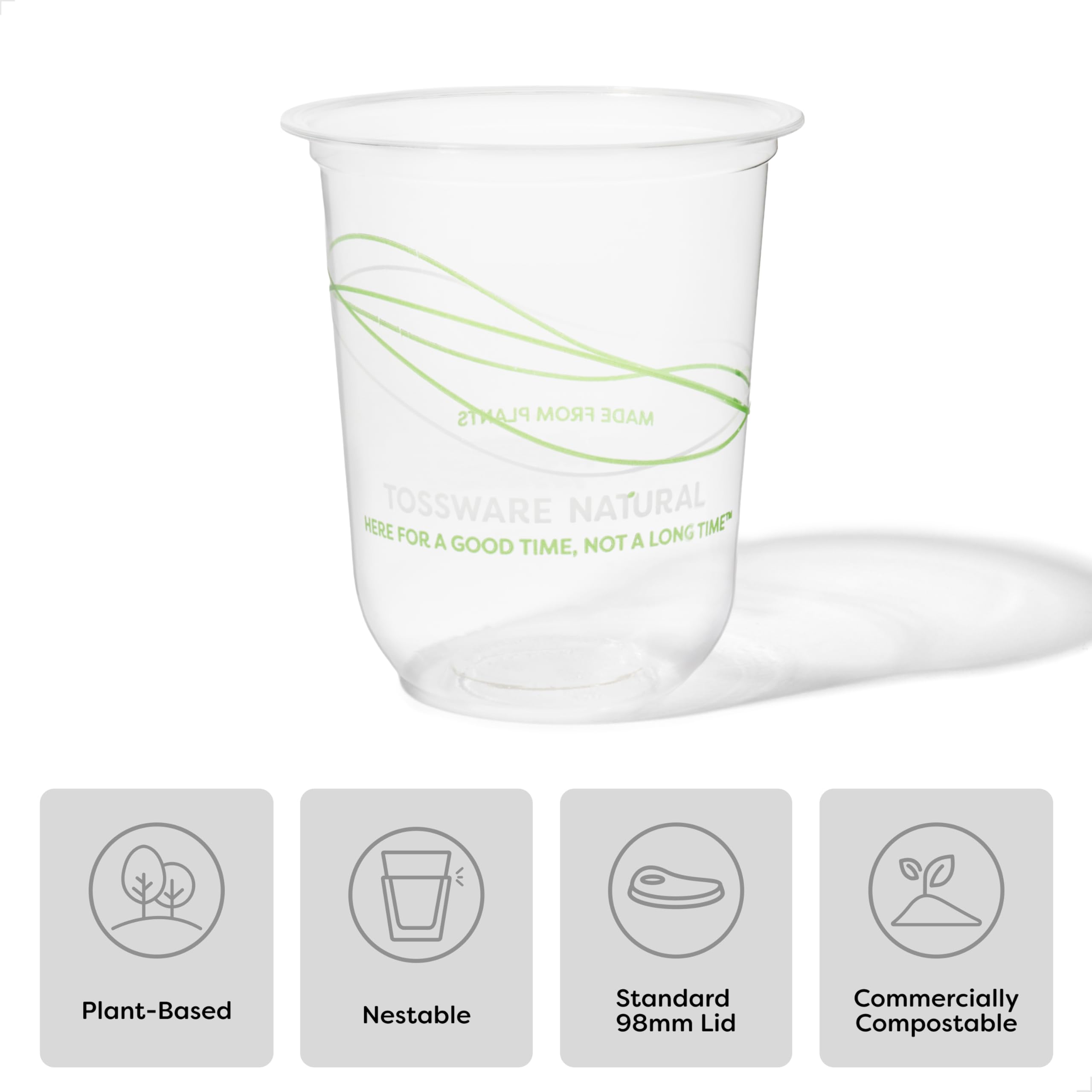 TOSSWARE NATURAL 12oz Arc - Plant Based 98mm Clear Cold Cups - Plastic Alternative for Parties, Bachelorettes, Weddings - Recyclable - Set of 100