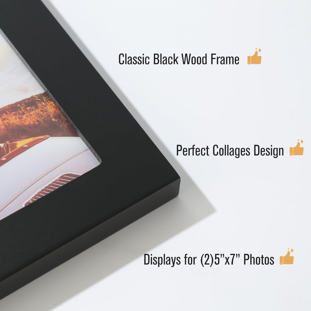 4x6 2-Opening Collage Frame Black Wood | Two 4x6 openings, shatter-resistant glass, tabletop & wall mount