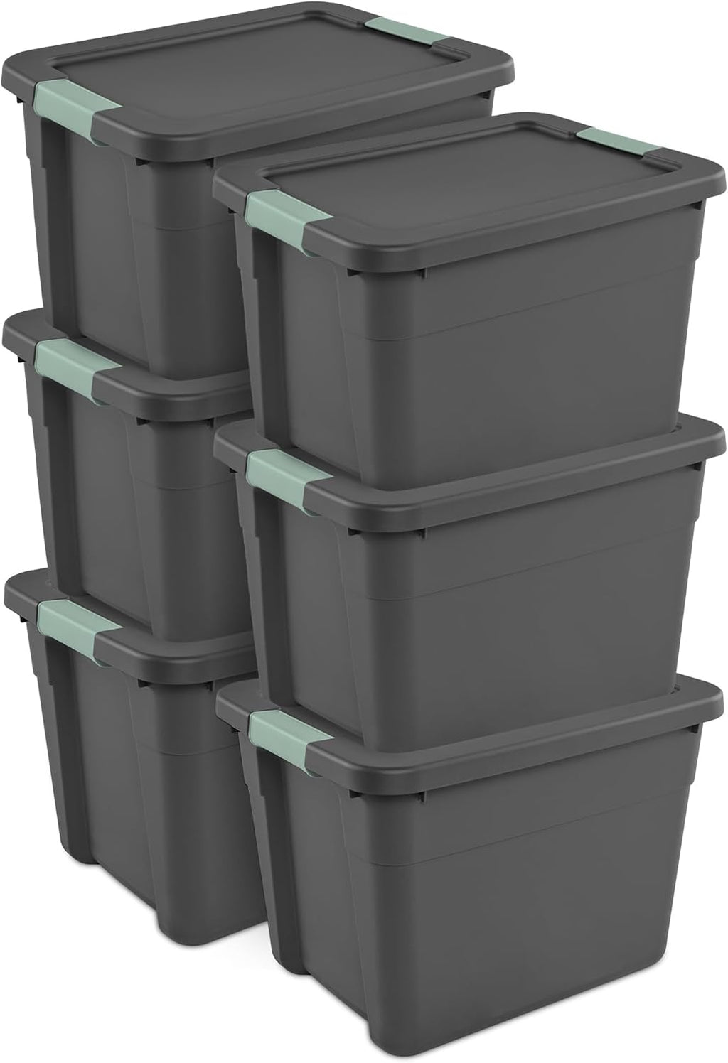 Sterilite 6-Pack Latch Tote, Stackable Plastic Storage Container Bins with Lids, 12 Gallon, Gray/Green - Latching Boxes for Bedroom, Bathroom, Garage, and Office Organization