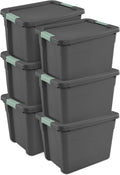 Sterilite 6-Pack Latch Tote, Stackable Plastic Storage Container Bins with Lids, 12 Gallon, Gray/Green - Latching Boxes for Bedroom, Bathroom, Garage, and Office Organization