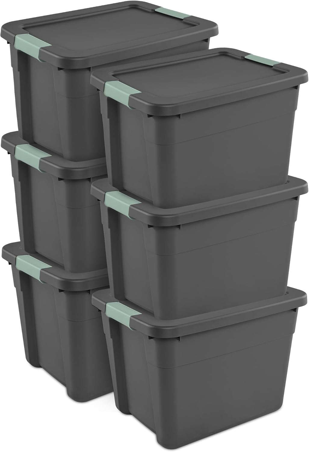 Sterilite 6-Pack Latch Tote, Stackable Plastic Storage Container Bins with Lids, 12 Gallon, Gray/Green - Latching Boxes for Bedroom, Bathroom, Garage, and Office Organization