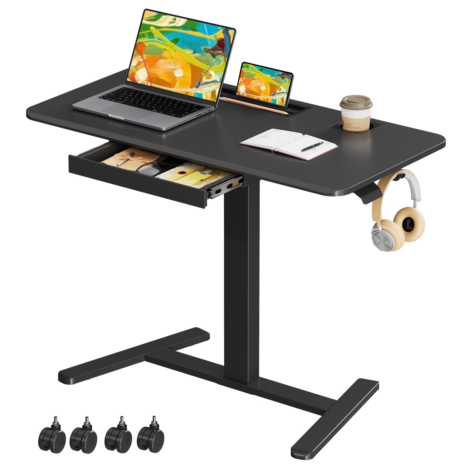 Small Mobile Standing Desk with Drawer, 23.6"x19.7" Rolling Laptop Cart on Wheels, Height Adjustable Sit Stand Computer Workstation with Storage for Compact Space, Black