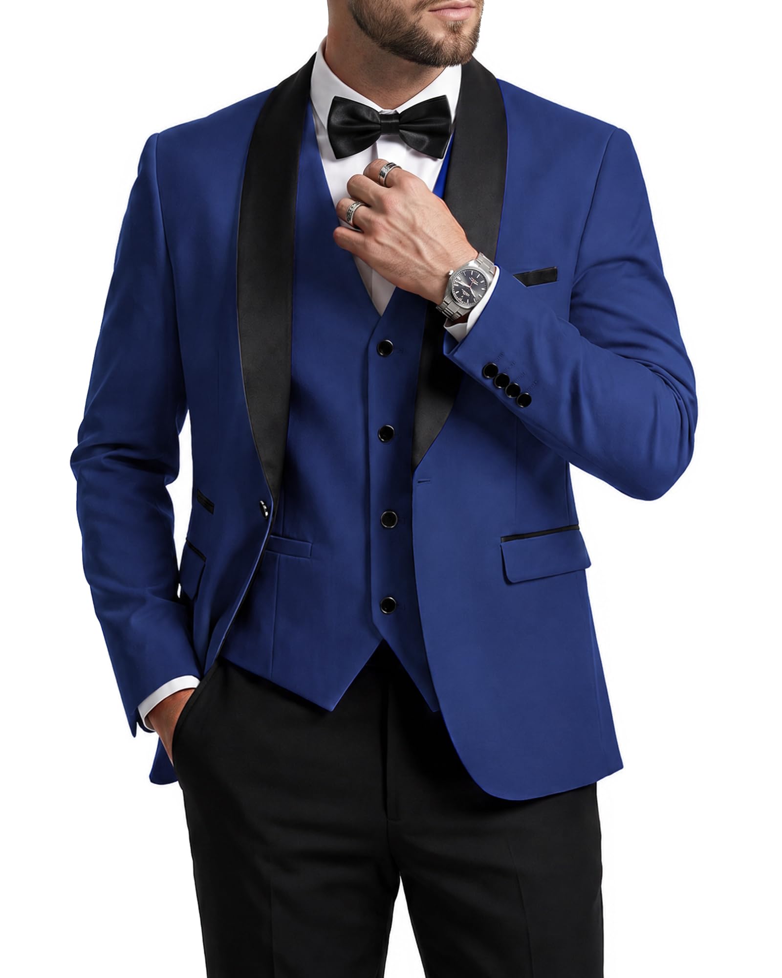 MrSure Men’s 3 Piece Slim Fit Suit, One Button Shawl Lapel Tuxedo, Premium Dinner Jacket Vest Pants & Tie Set