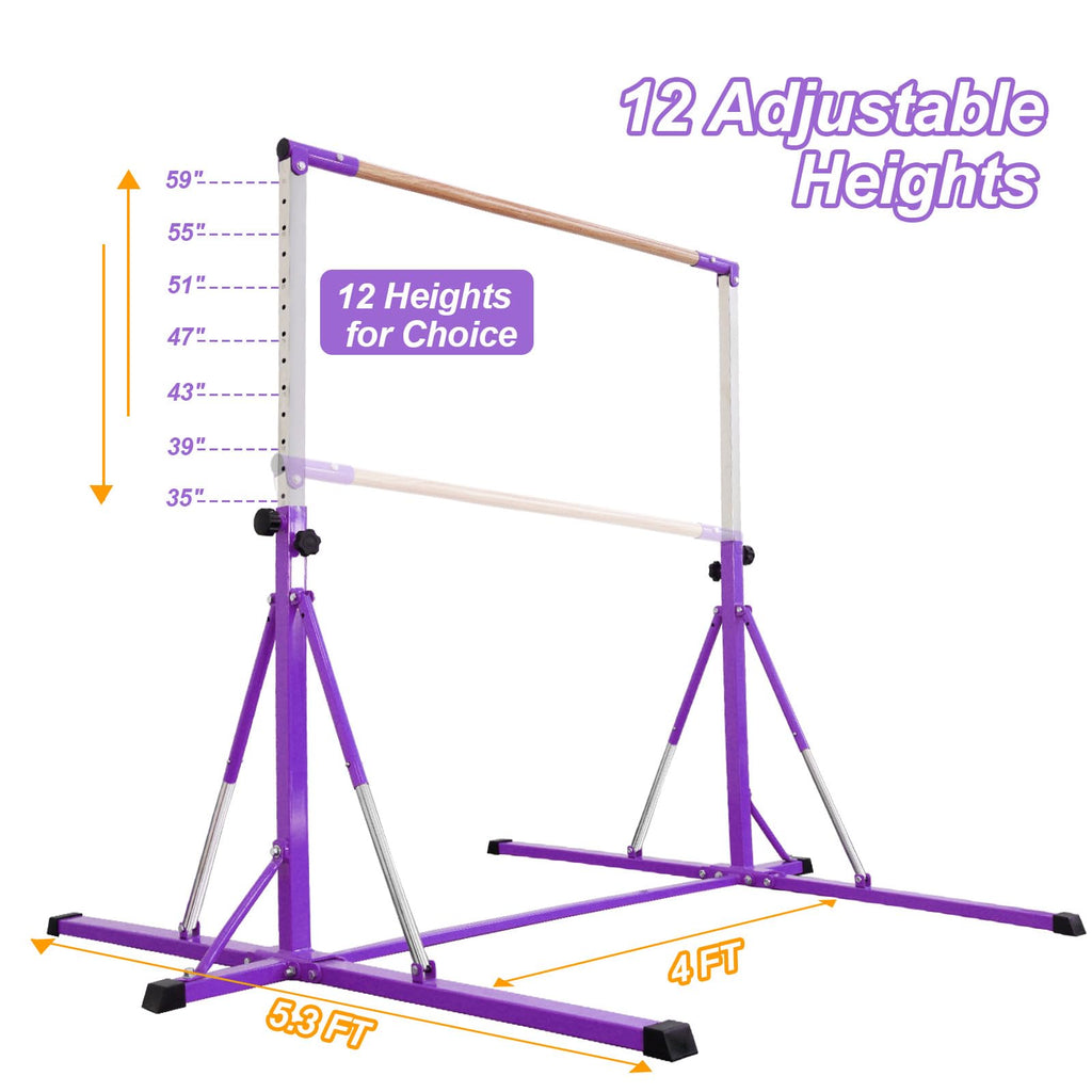 FC FUNCHEER Gymnastics Bar for Kids Ages 3-15, 35" to 60" Adjustable Height, 4FT Wide Base - Professional Kip Bar with 360° Stability & Fiberglass Crossbar, Easy Fold&Solid Design for Home Training