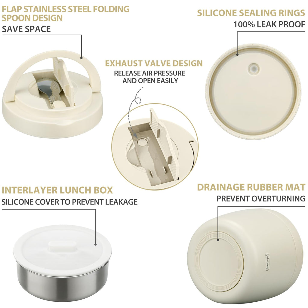 wiwens Thermo Food Jar for Hot Food Adults 32OZ Soup Thermo Lunch Containers Wide Mouth Vacuum Insulated Stainless Steel Leakproof Bento Box with Spoon (Beige)