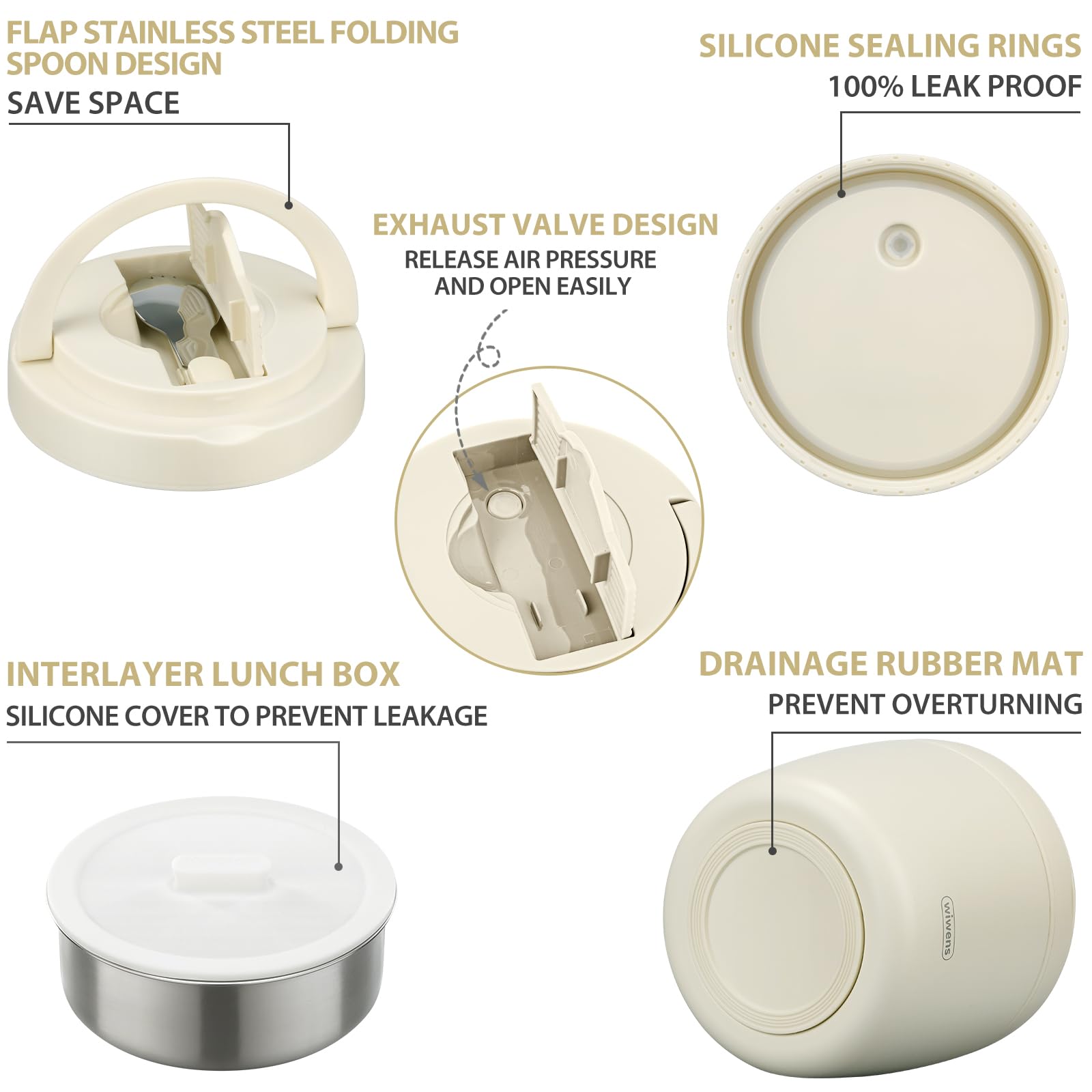 wiwens Thermo Food Jar for Hot Food Adults 32OZ Soup Thermo Lunch Containers Wide Mouth Vacuum Insulated Stainless Steel Leakproof Bento Box with Spoon (Beige)