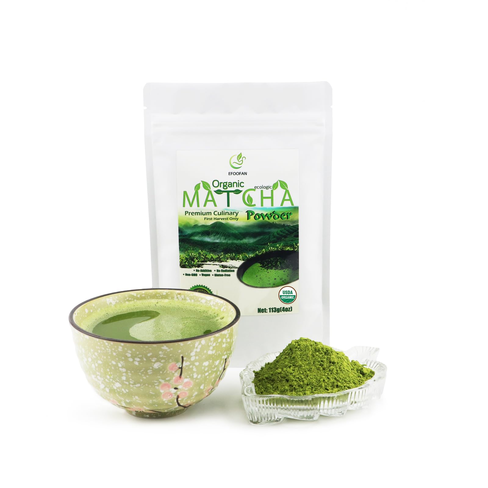 EFOOFAN USDA & COR Certified Organic Ceremonial Grade Matcha Powder – First Harvest Shade-Grown Tencha from Hangzhou, Vibrant Jade Green & Smooth Umami, No Sugar, Ideal for Traditional Tea or Latte (45g Tin)