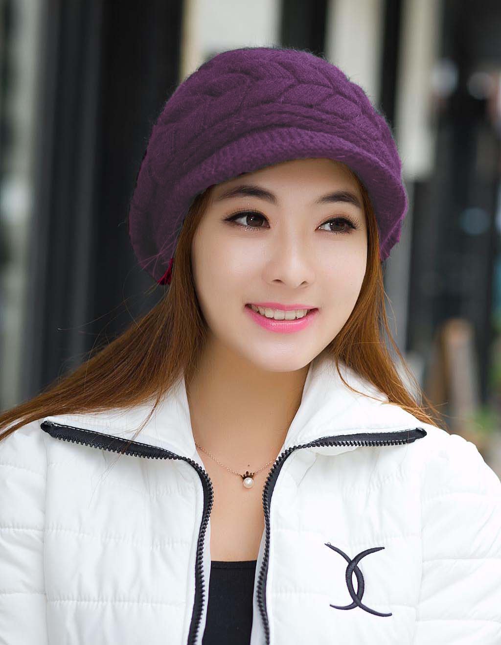 Women Winter Warm Knit Hat Wool Snow Ski Caps with Visor