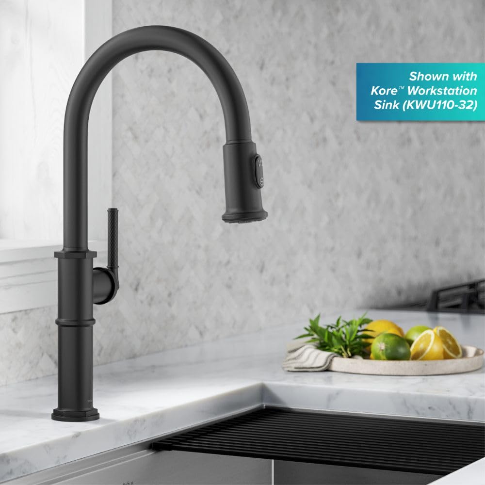 KRAUS Allyn Transitional Bridge Kitchen Faucet with Pull-Down Sprayhead in Brushed Gold, KPF-3121BG
