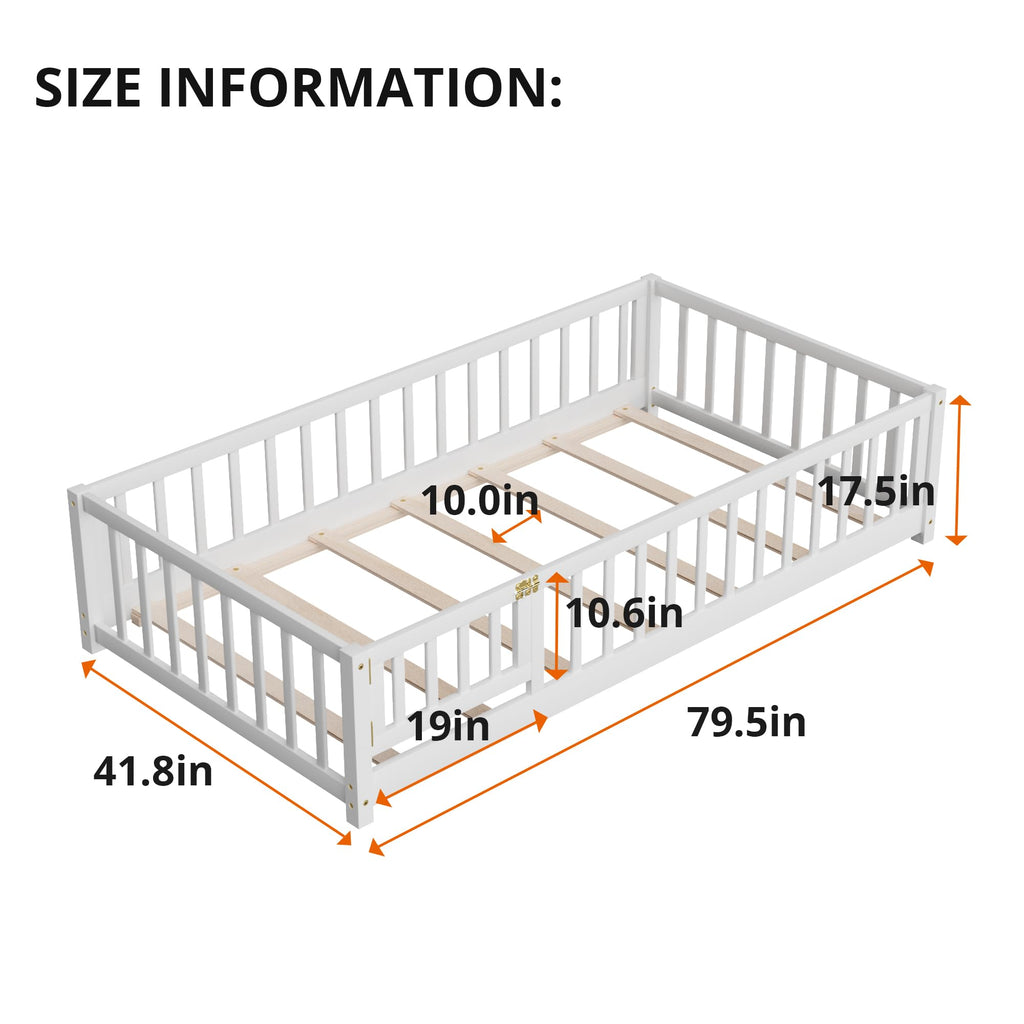 i-POOK Queen Floor Bed for Children, Sturdy Wood Montessori Bed Frame with Wood Slats, High Fence & Small Door for Girls and Boys, Espresso (with Bed Slats)