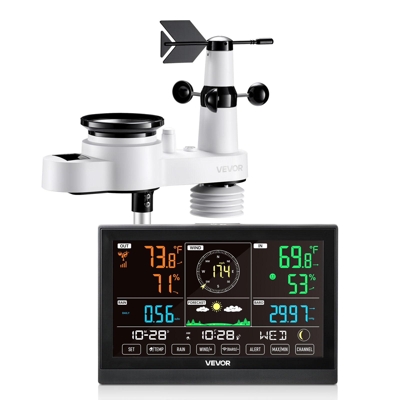 VEVOR 5-in-1 Wireless Weather Station, 7.5-Inch VA Display, Solar Powered Outdoor Sensor, Rain Gauge, Indoor Outdoor for Weather Forecast, Temperature, Humidity, Wind Speed and Direction (No WiFi)