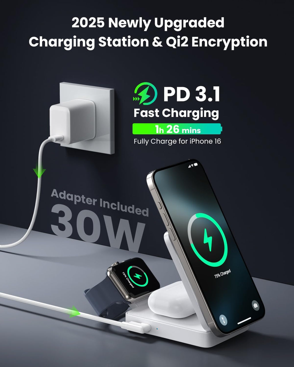 3-in-1 Wireless Charger Charging Station for iPhone, Certified 15W Fast Charging Foldable Magnetic Charger Stand with 30W USB C Adapter for MagSafe iPhone 16/15, Apple Watch, AirPods