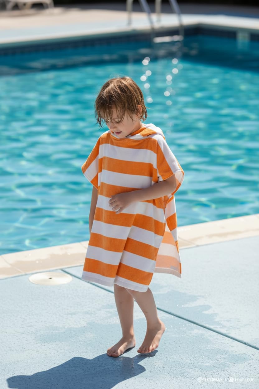 TBEZY Toddler Bath Towel Poncho Thick Cotton Striped Beach Towels for Kids Gifts, Blue, 5-10 Years