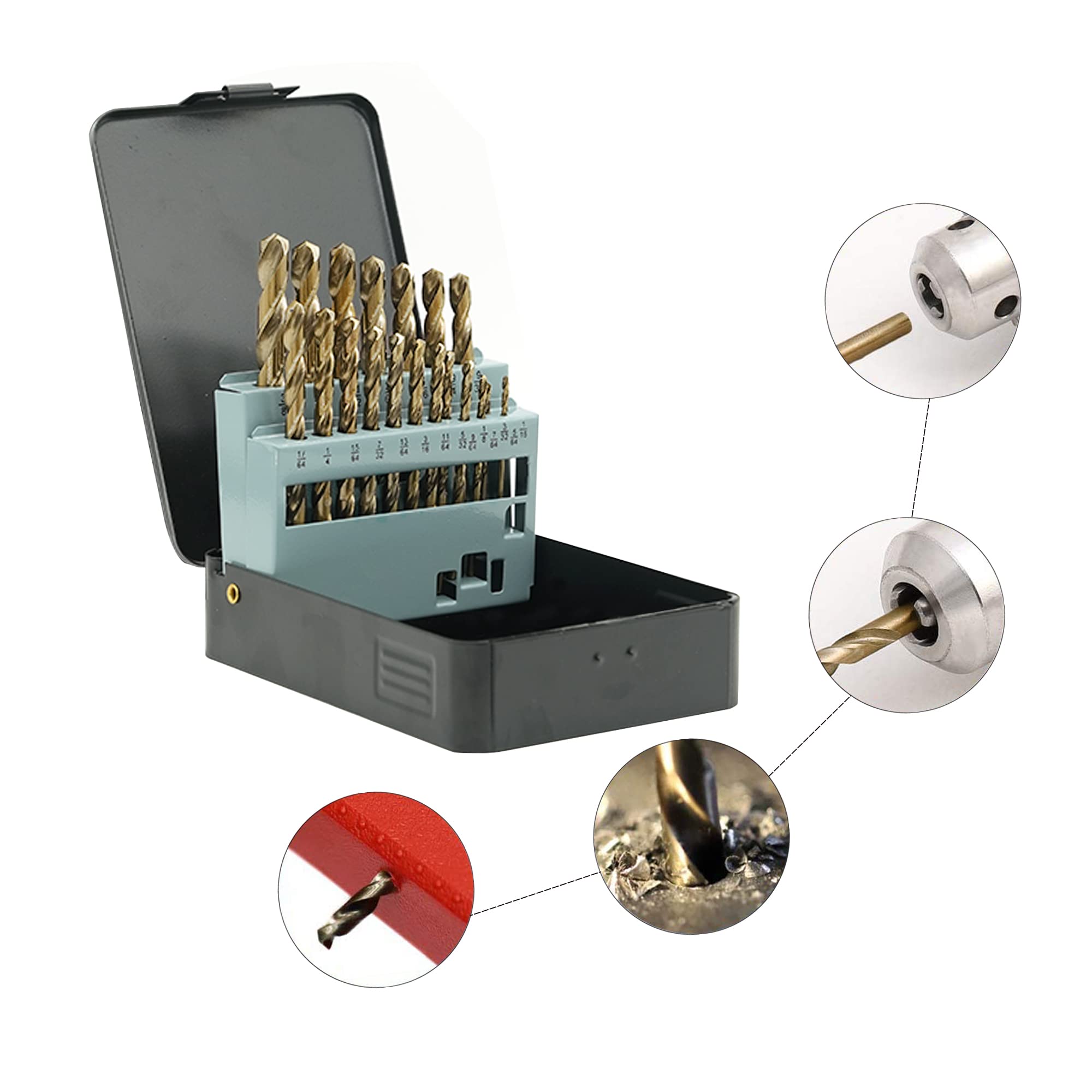 GMTOOLS 13Pcs Cobalt Drill Bits Set, M35 HSS 135 Degree Tip, Twist Jobber Length Drill Bit Kit for Hardened Metal, Cast Iron, Stainless Steel, Plastic and Wood with Storage Case 1/16"-1/4"