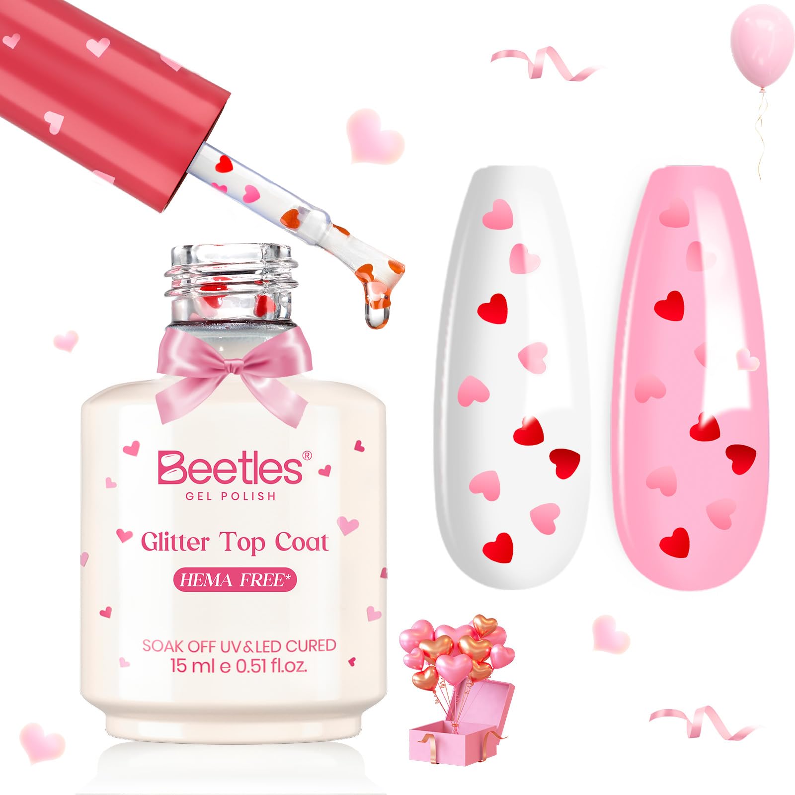 Beetles Heart Gel Top Coat 15ml - Hema Free Glitter Shine No Wipe Top Coat Long-Lasting for Gel Polish, Pink Heart Sparkle Soak Off UV LED Gift for Women