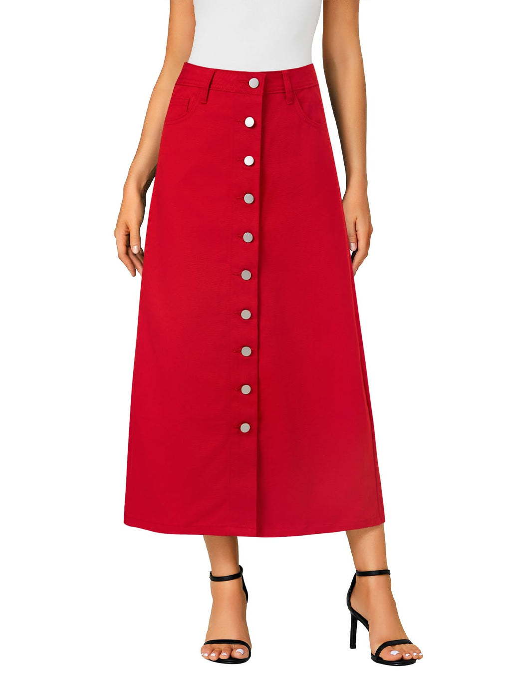 Vrtige Women's Casual Button Down High Waisted A Line Jean Midi Long Denim Skirt with Pockets