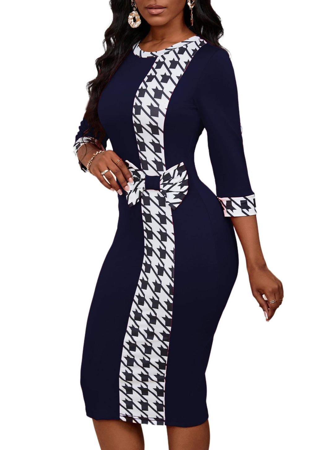 PerZeal Women's 3/4 Sleeve Round Neck Casual Houndstooth Bodycon Wear to Work Pencil Sheath Midi Dresses