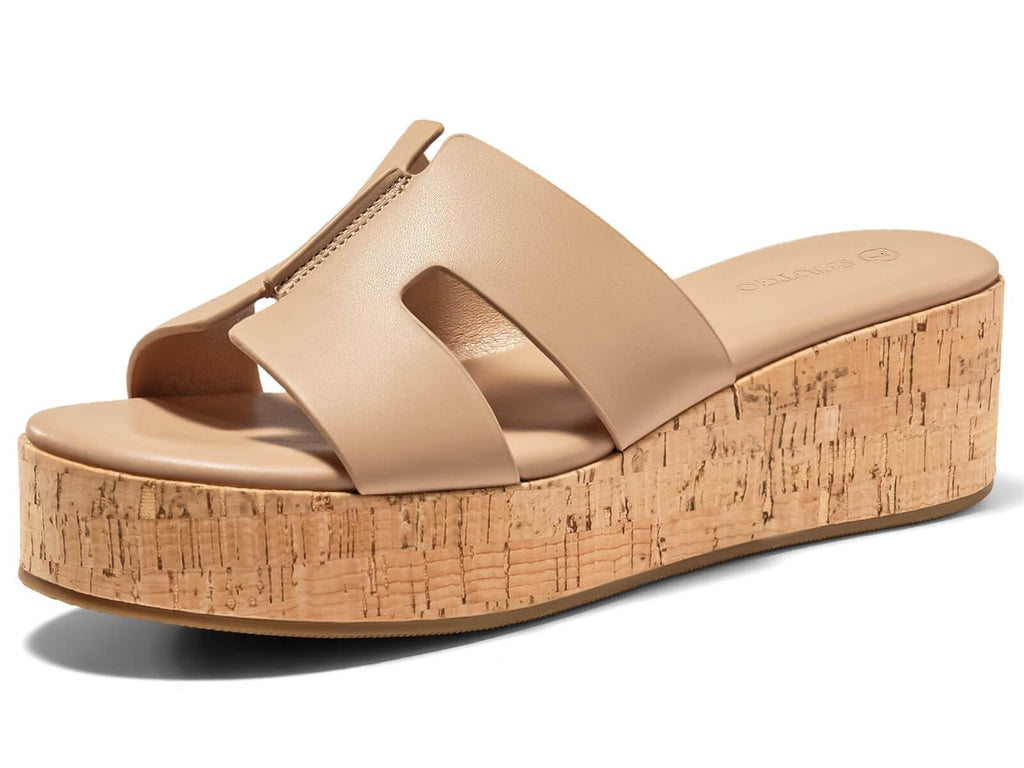 Coutgo Women's Platform Wedge Sandals Open Toe Slip On Slides Cork Heeled Cutout Comfortable Summer Shoes