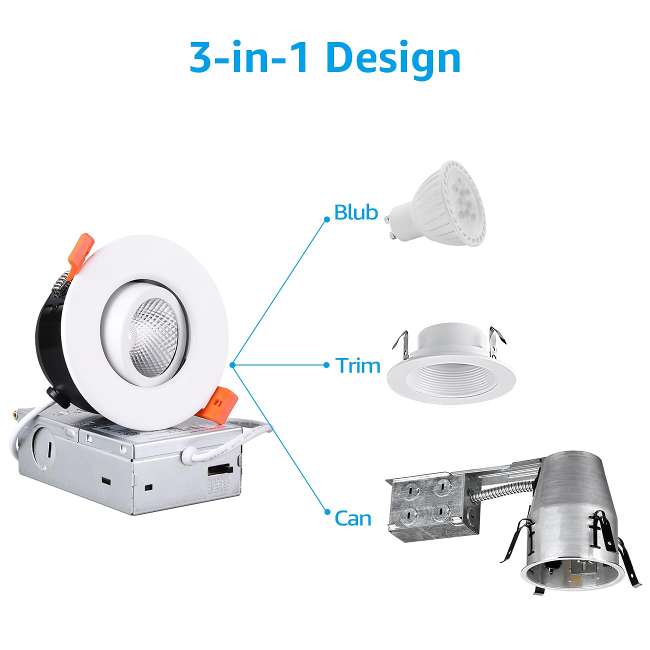 TORCHSTAR 12-Pack 5CCT 3 Inch Gimbal LED Recessed Light, 7W CRI90+ Dimmable Adjustable Eyeball Canless LED Downlight, 2700K/3000K/3500K/4000K/5000K Selectable, Airtight IC, ETL