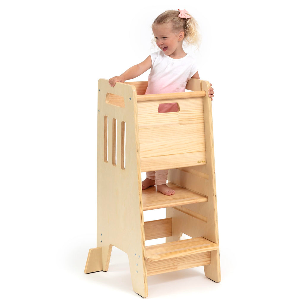 OCODILE Toddler Tower with a Sliding Door and 3 Adjustable Heights - Safe Toddler Kitchen Step Helper with Support Feet - Updated Design for 18+ Months to 6-Year-Old Kids - Gray