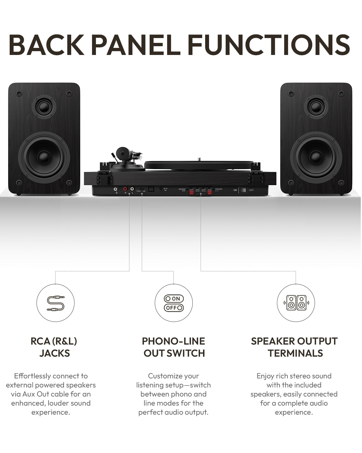 QLEARSOUL SoulBox S1 Vinyl Record Player with Stereo Speakers, Turntable with Built-in Preamp, S-Shaped Tonearm, 33/45 RPM - Black