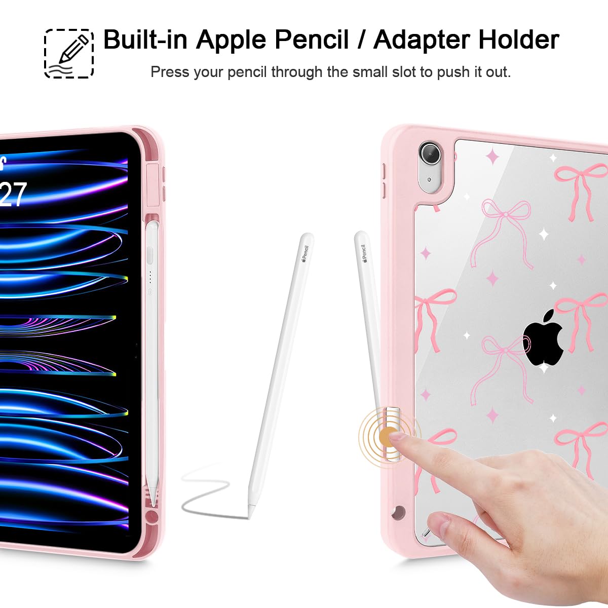 Tuiklol Case for iPad Air 11 Inch M4 2026 / Air 11 Inch M3 2025 / Air 11 Inch M2 2024 / iPad Air 10.9 Inch 2022 2020, Buit in Pencil Holder with Shockproof Cover Clear Transparent Back, Black Flower