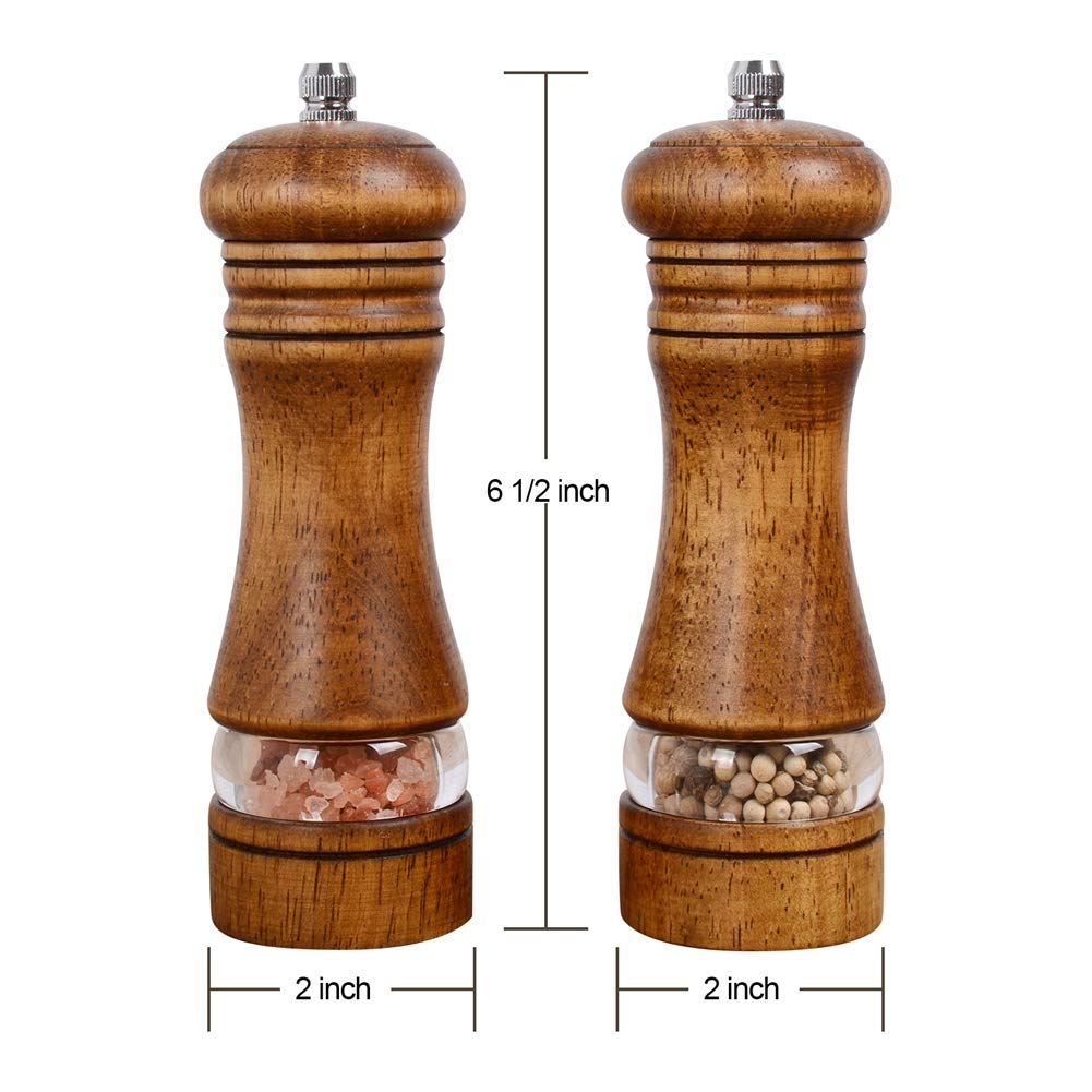 Haomacro Wood Salt and Pepper Grinder Mills Set, Classic Manual Pepper Grinder Salt Grinder Refillable Pepper Mill Sets with Acrylic Visible Window Adjustable Ceramic Grinding Rotor 6.5inch 2 Pack