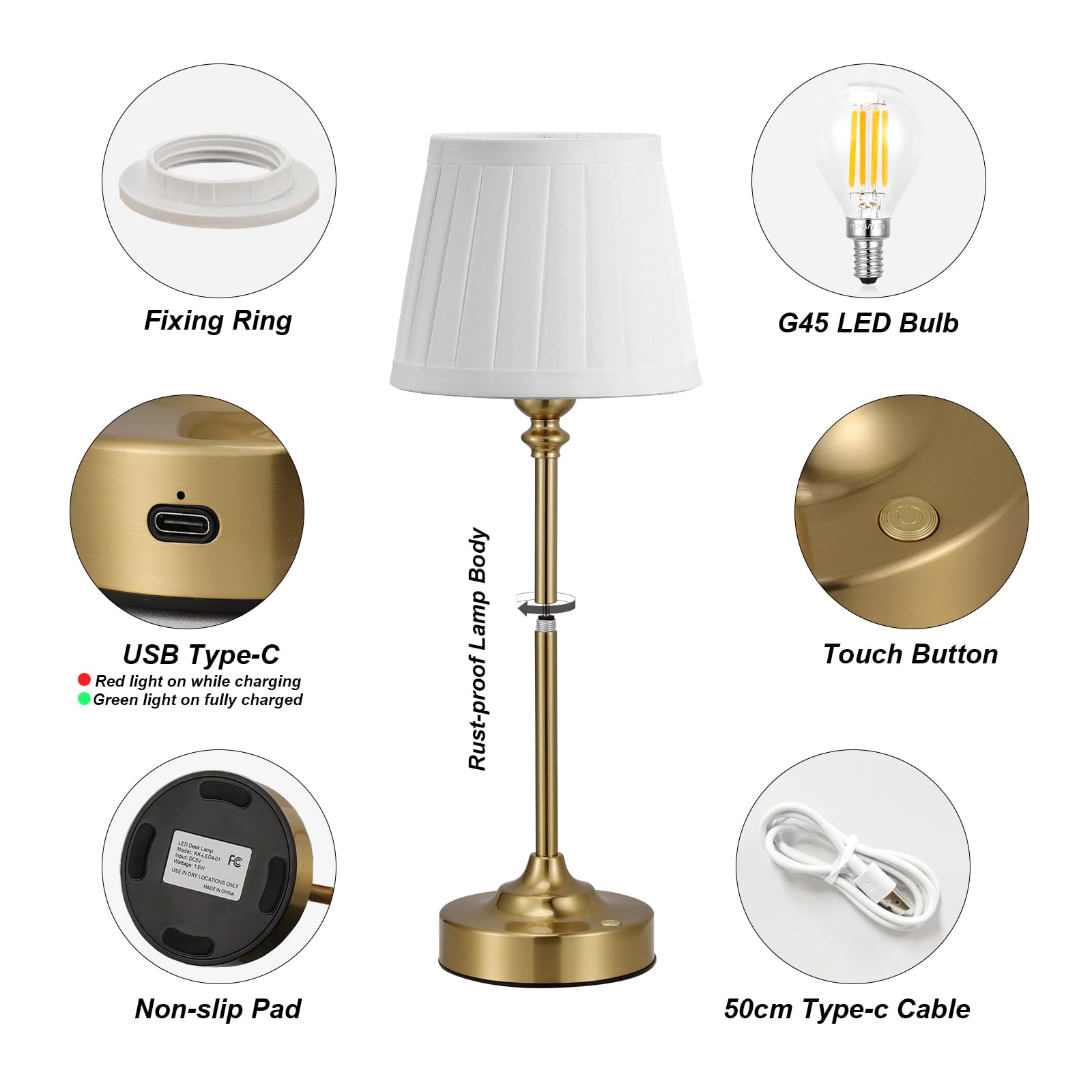 Touch Control Cordlss Table Lamp, USB-C Rechargeable Lamp with Stepless Dimming, 4000mAh Battery Operated Bedside Lamp for Bedroom, Living Room, Night Light & Emergency Lighting, Black, 1 Pack