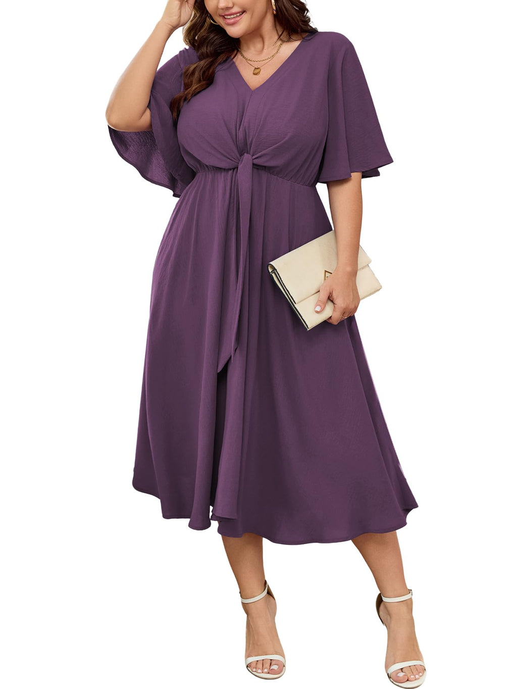 SCOMCHIC Women Plus Size Midi Dresses Wedding Guest Short Sleeve V Neck Tie Waist Casual Summer Flowy A Line Dress