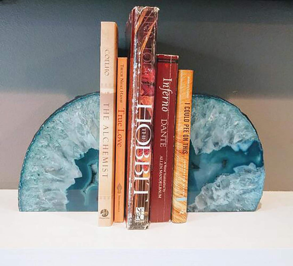 JIC Gem Black Agate Geode Bookends 2-3 Lbs Anti-Slip Rubber Pads Heavy Duty | 1Pair Natural Black Agate Crystal Decor for Shelves & Desk, Unique Small Stone Book Holder Gift for Office & Home Decoration