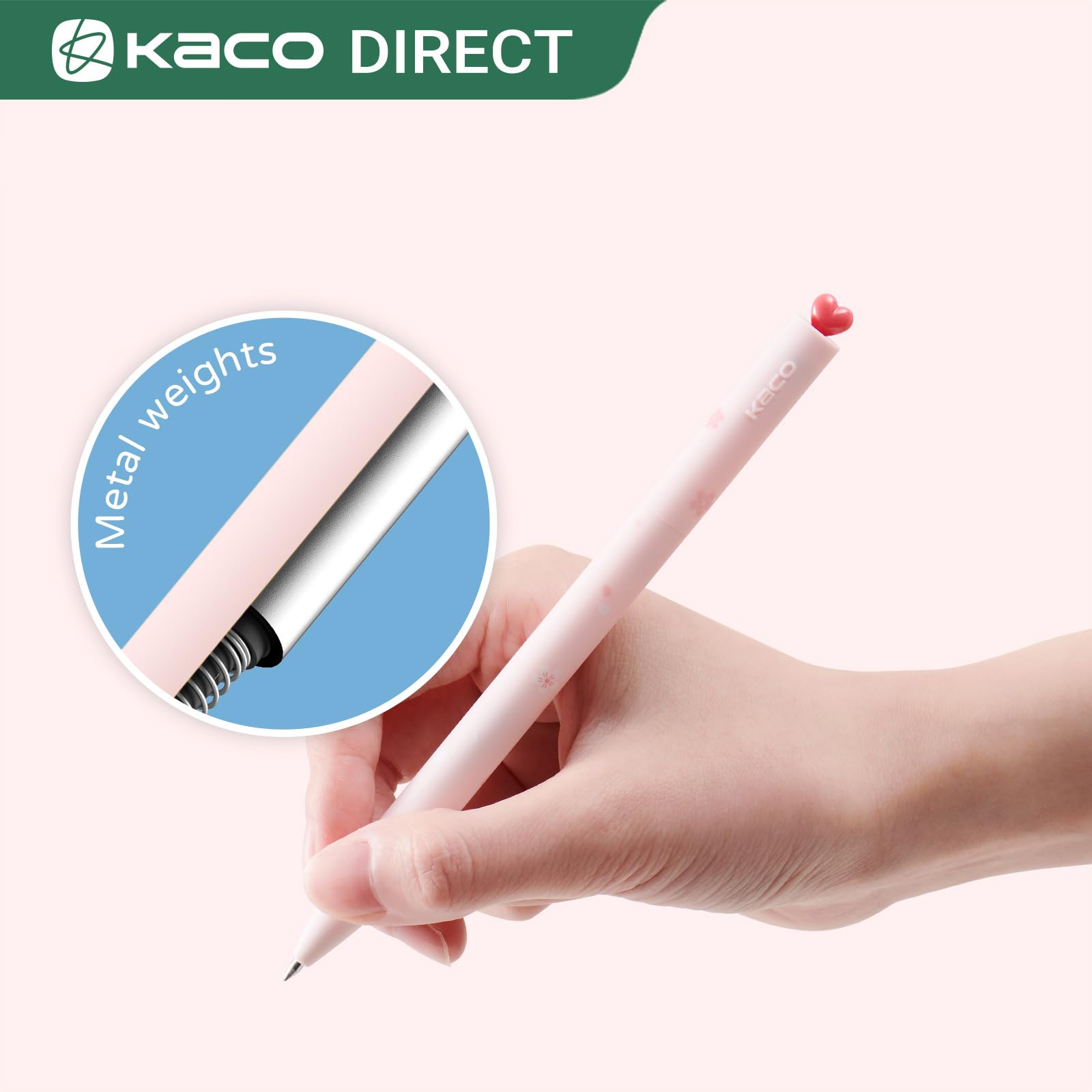 Kaco FIRST Gel Pens, Pack of 2 Pieces Cute Stationery Heart Pen Set with Extra 4 Black Refills Quick Drying Holiday Office Supplies (2 Colors)