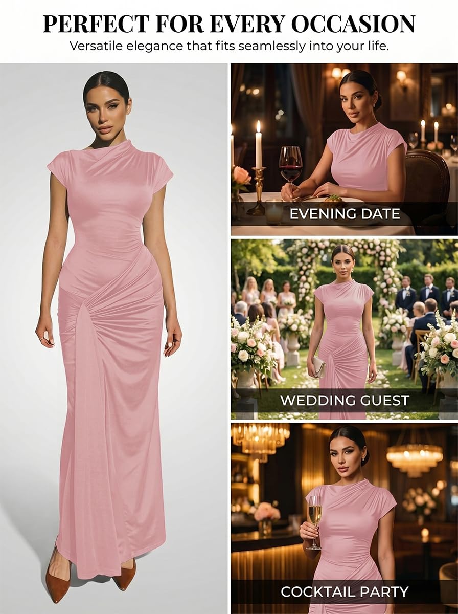 Mojessy Women Bodycon Maxi Dress Sexy Mock Neck Lace Up Bandage Ruched Short Sleeve Long Dress Cocktail Dress