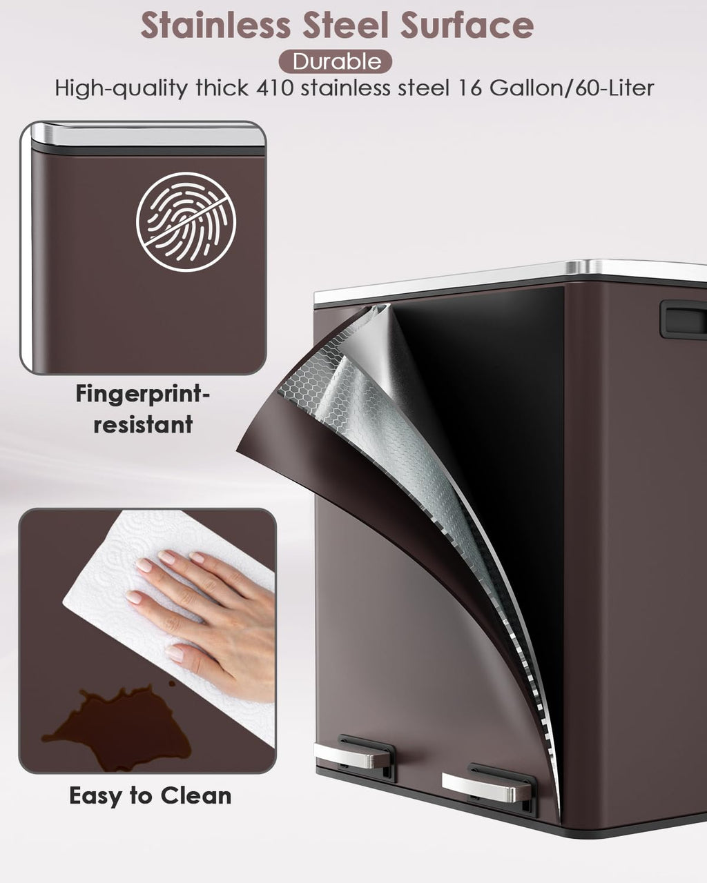 60L(16 Gal) Dual Trash Can, Stainless Steel Kitchen Garbage Can, Double Compartment Classified Rubbish Bin, Recycle Dustbin w/Plastic Inner Buckets, Soft-Close Lid, Airtight, Black