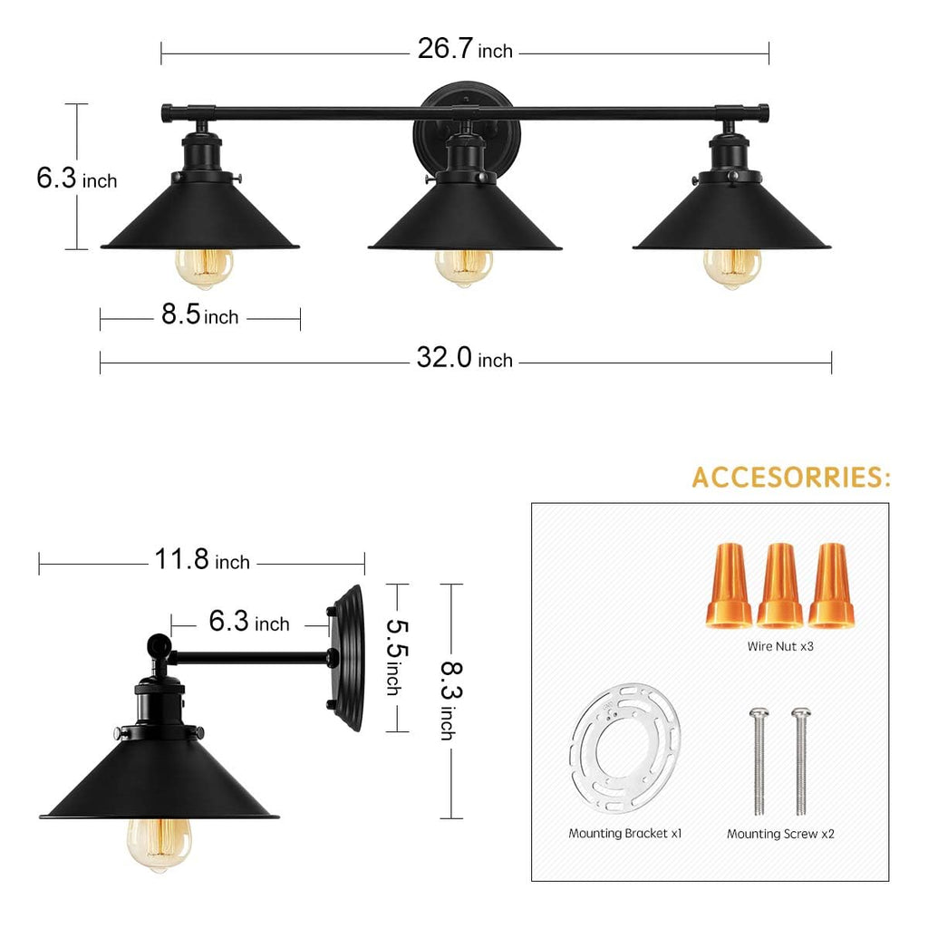 Black Bathroom Light Fixture 2-Light Matte Black Farmhouse Vanity Lights for Bathroom Light Fixtures, 20" Rustic Industrial Wall Sconce Vanity Lighting Fixtures over Mirror Kitchen Cabin Workshop Cafe