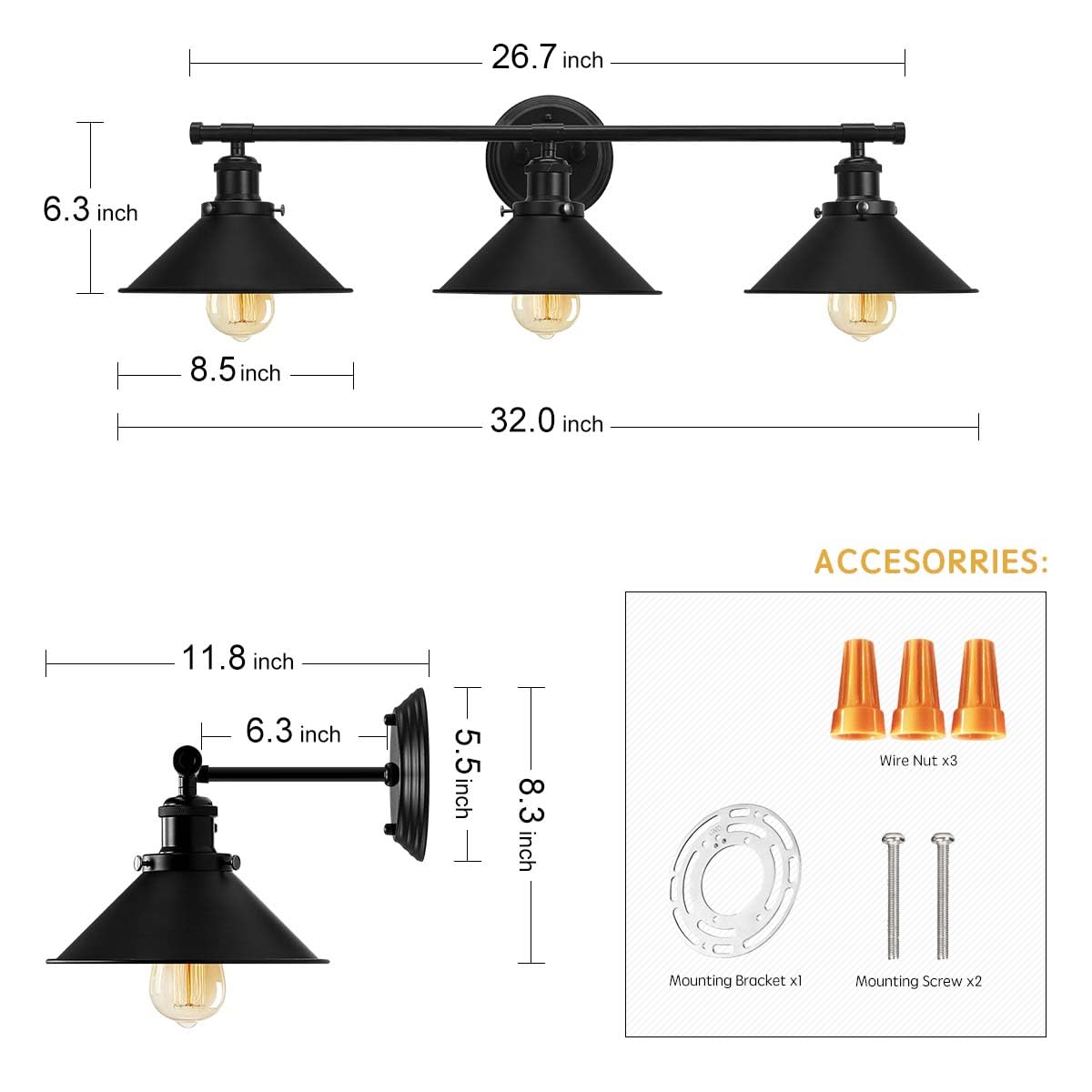 Black Bathroom Light Fixture 2-Light Matte Black Farmhouse Vanity Lights for Bathroom Light Fixtures, 20" Rustic Industrial Wall Sconce Vanity Lighting Fixtures over Mirror Kitchen Cabin Workshop Cafe