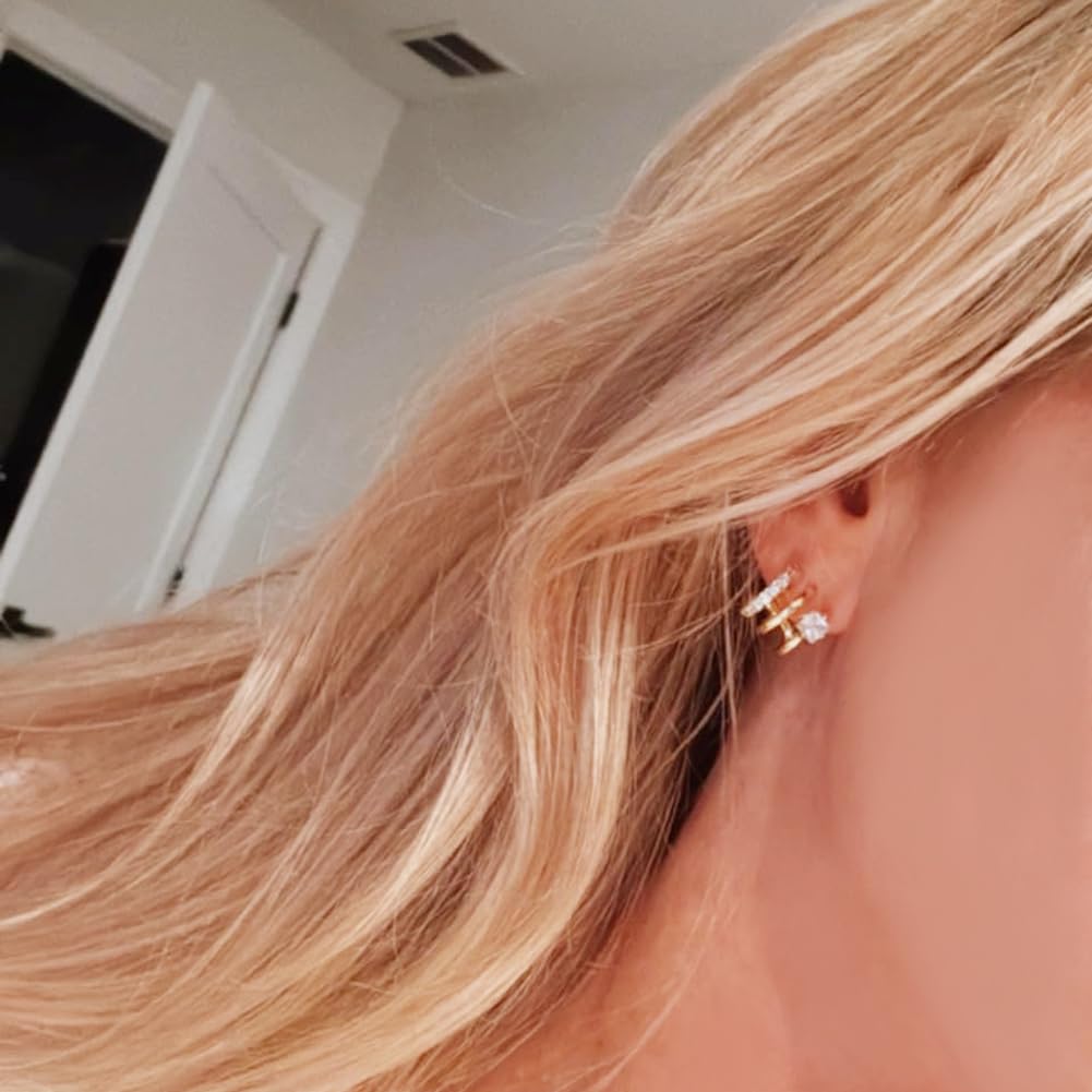 Obidos 14K Gold Plated Illusion Stud Earrings for Women | Triple Huggie Hoop Earrings for One Hole| Trendy Simple Hypoallergenic Fashion Accessories Gold Jewelry Gifts for Womens