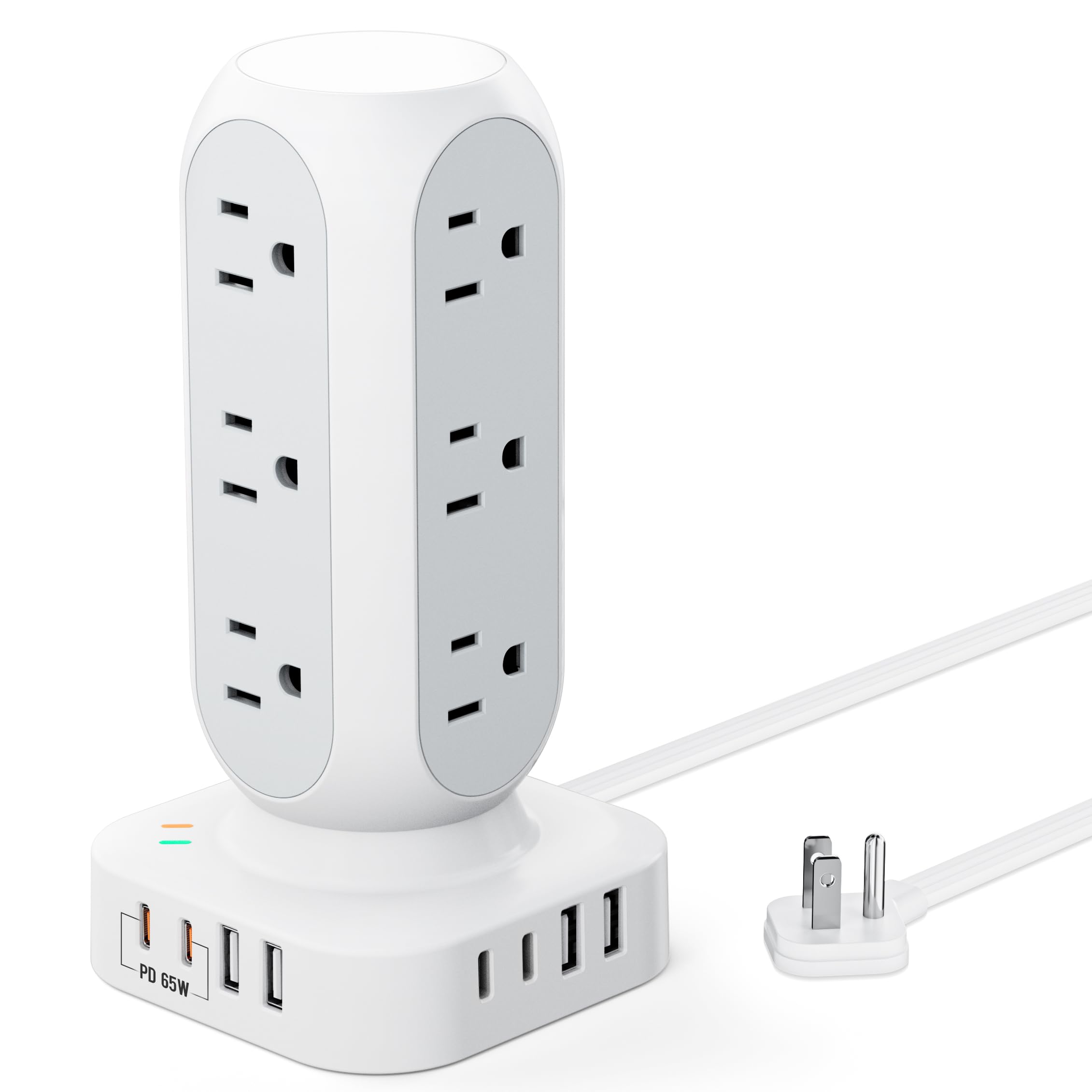 Flat Plug Power Strip Tower, TenTrend Dual PD 20W USB-C Charger Tower with 12 AC Outlets & 8 USB Ports (4 USB C), 40W Total Fast Charging Station, 10FT Extension Cord for Desk Office Dorm Room