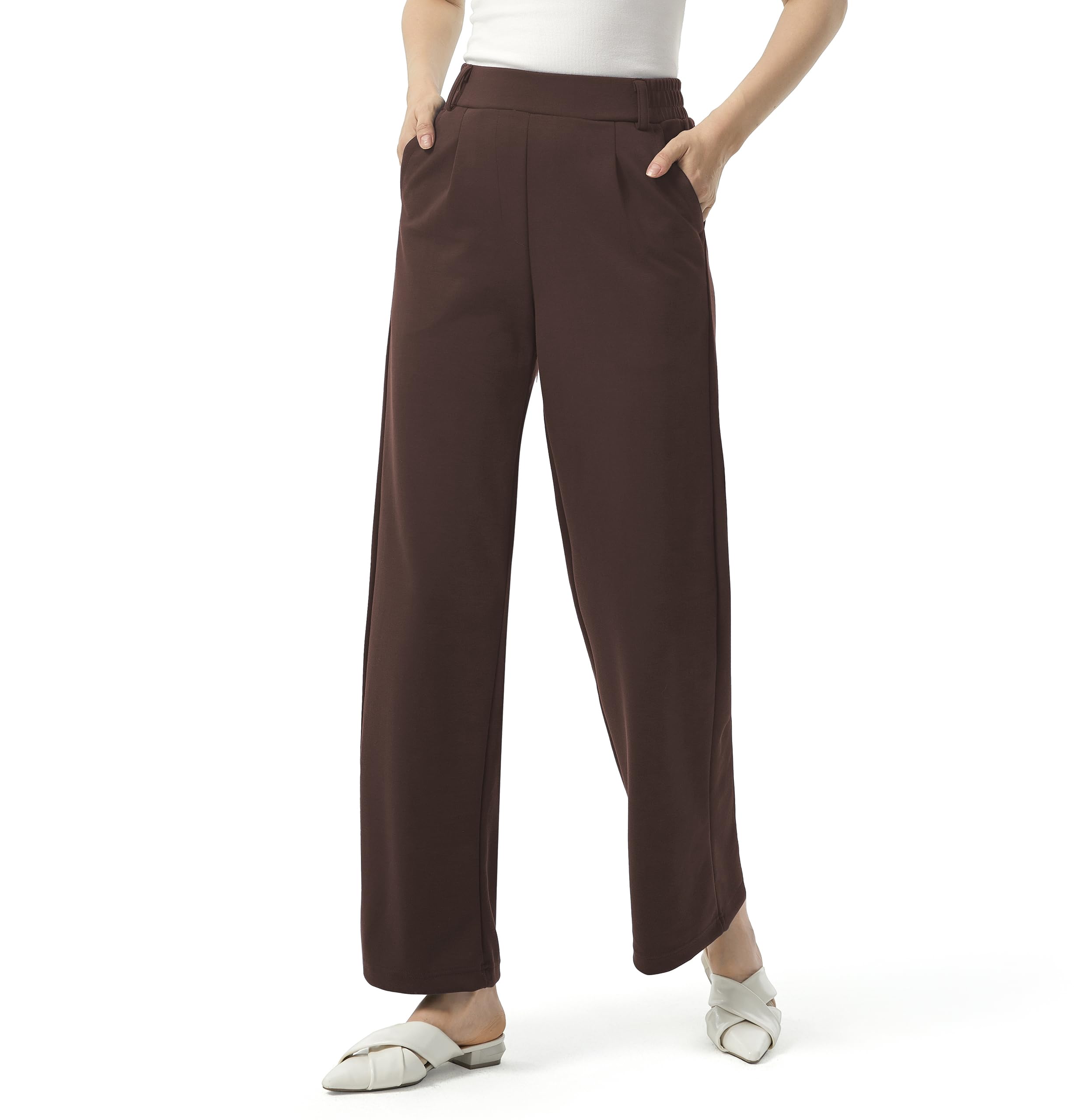 AFITNE Womens Wide Leg Work Pants High Waist Pull On Dress Pants Elastic Waistband Casual Slacks with Thick Fabric